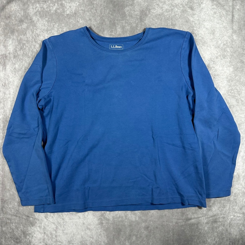 LL Bean Womens XL Blue Long Sleeve Crew Neck Cotton Blend T-Shirt Top Solid